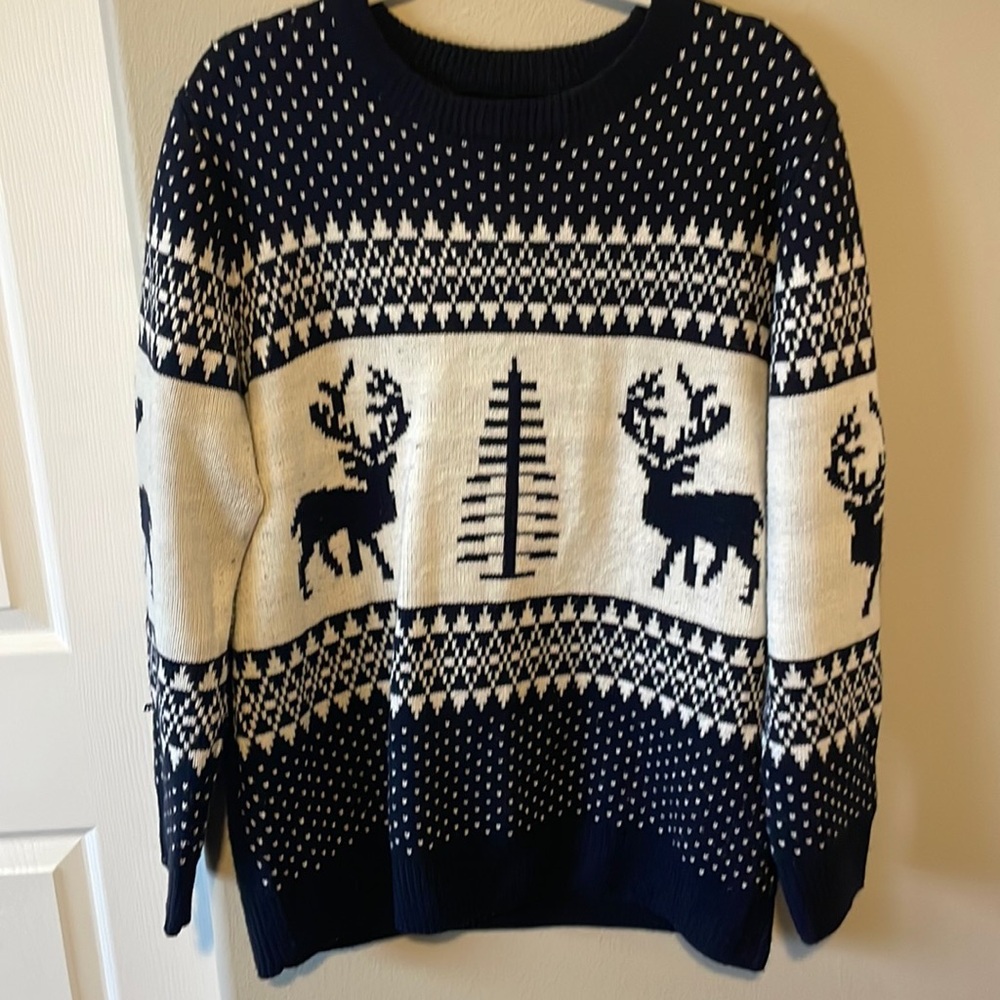 Navy and white winter holiday sweater